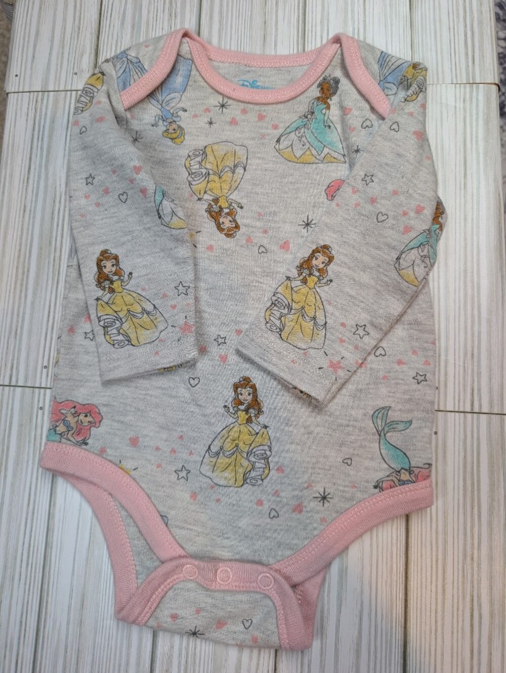 Disney Baby Girls Pink-Trim Princess Print One-Piece Bodysuit 3-6 Mos.